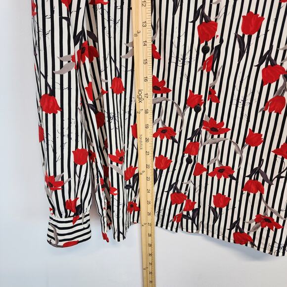 Vintage Alia Rose Print Career Blouse Size 14 Red Stripe Button Up Long Sleeve - Picture 11 of 14